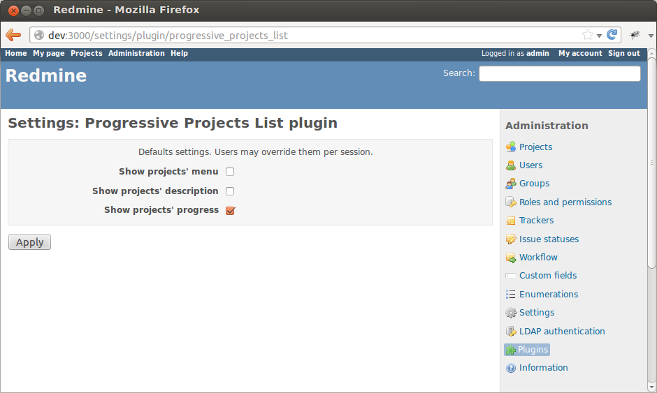 Projects list admin settings