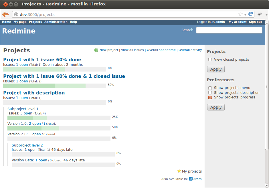 Projects list showing overall projects status with progress bars